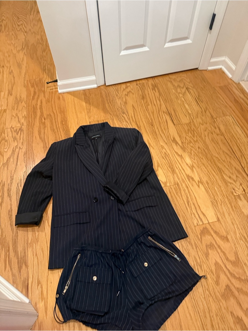 Cynthia Rowley Navy Pinstripe Blazer and shorts with drawstring.